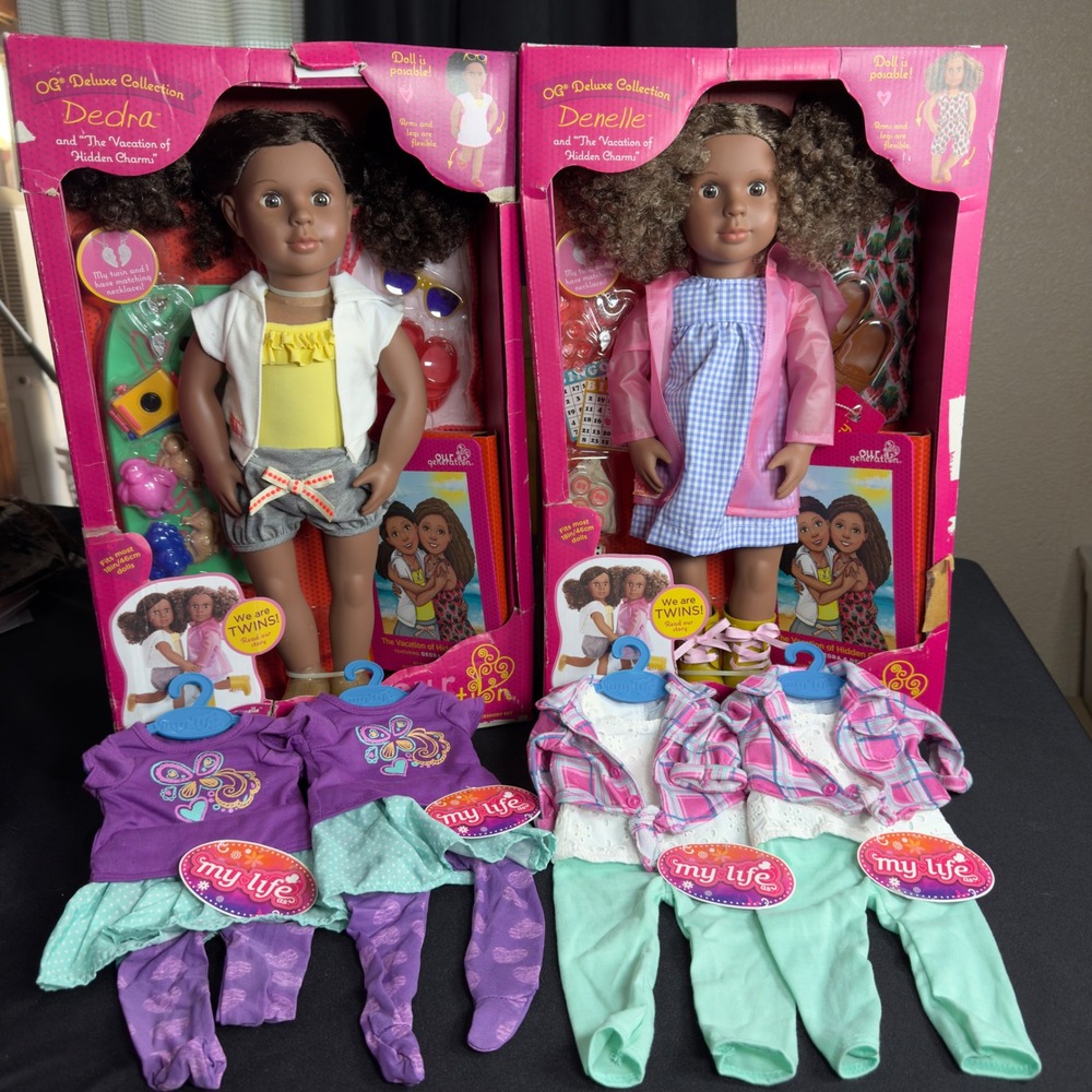 Our Generation Dedra Denelle Twin Dolls 18in Deluxe Set with 4 My Life Outfits